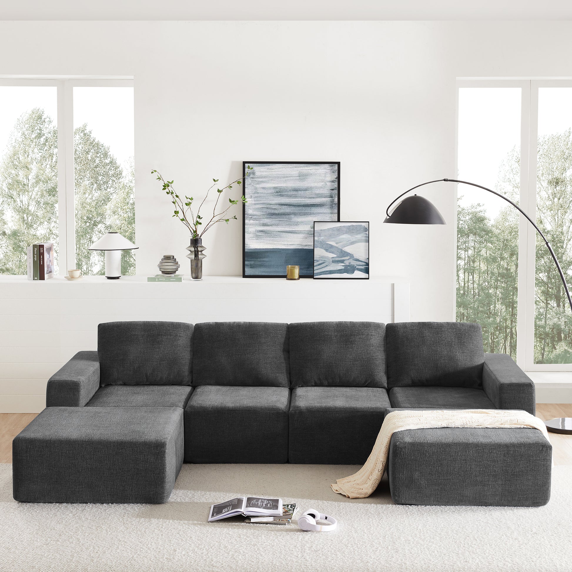 110*72" Modular U Shaped Sectional Sofa,Luxury Chenille Floor Couch Set,Upholstered Indoor Furniture,Foam Filled Sleeper Sofa Bed For Living Room,Bedroom,Free Combination,3 Colors Dark Gray Polyester 6 Seat