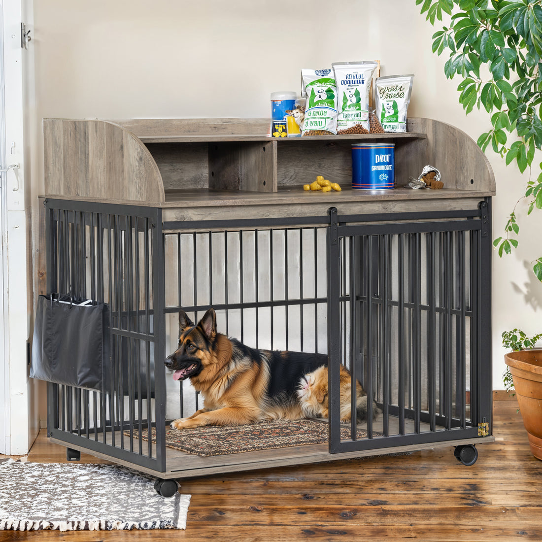 44'' Heavy Duty Large Dog Crate Furniture For Large Medium Dog With Lockable Wheels, Wooden Dog Crate Dog Kennel, End Table Crate With Double Layer Storage, Gray Gray Dog Engineered Wood