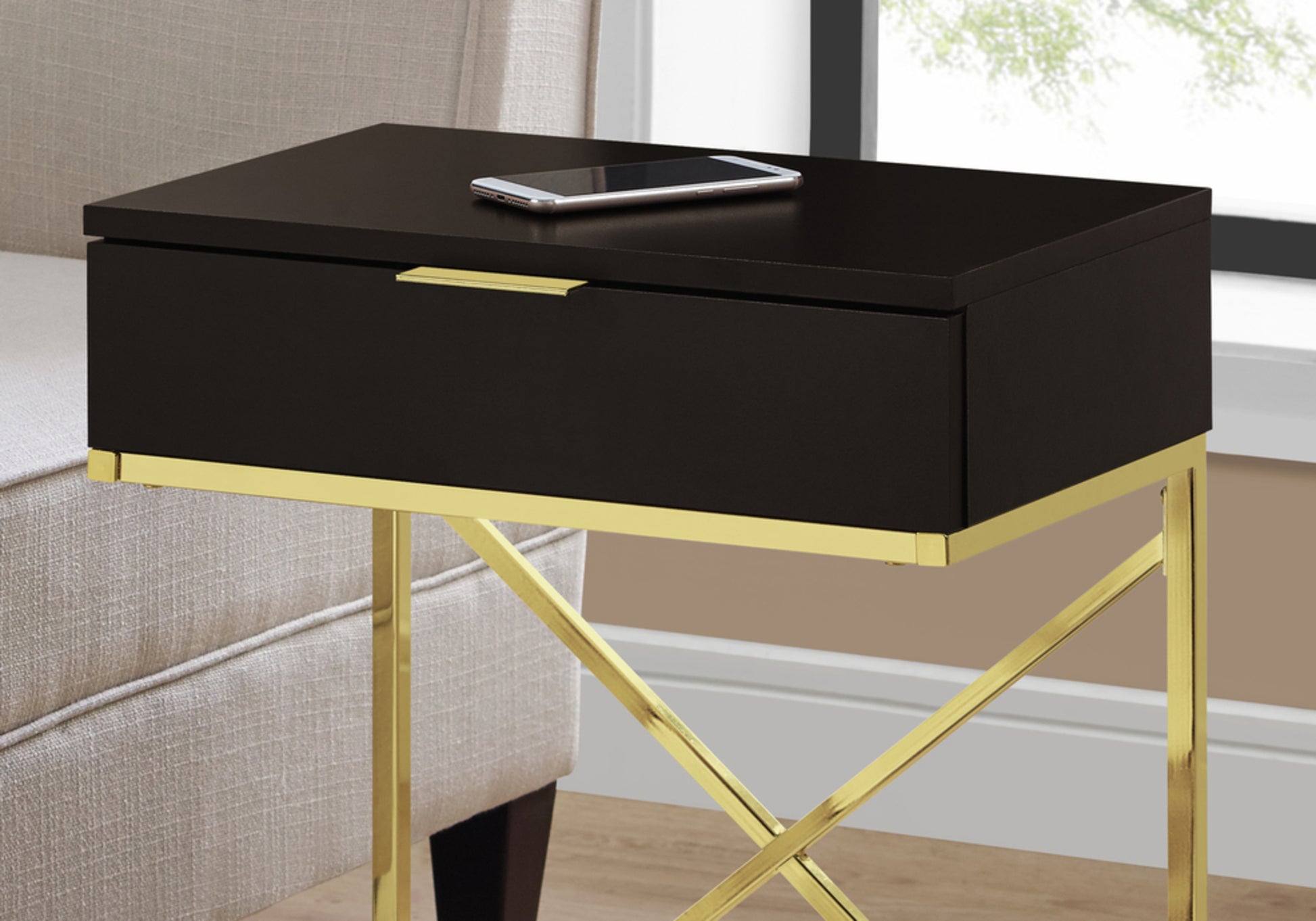 Accent Table, Side, End, Nightstand, Lamp, Storage Drawer, Living Room, Bedroom, Brown Laminate, Gold Metal, Contemporary, Modern Espresso Particle Board