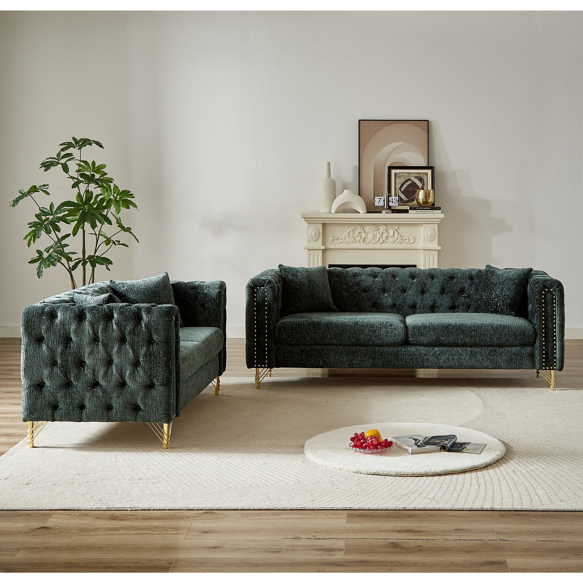 Chenille Pull Buckle Design Sofa For Living Room,Buttons Tufted With Copper Nail Decoration Armrest, Modern Couch Upholstered Button And Metal Legs Green Foam Chenille 5 Seat