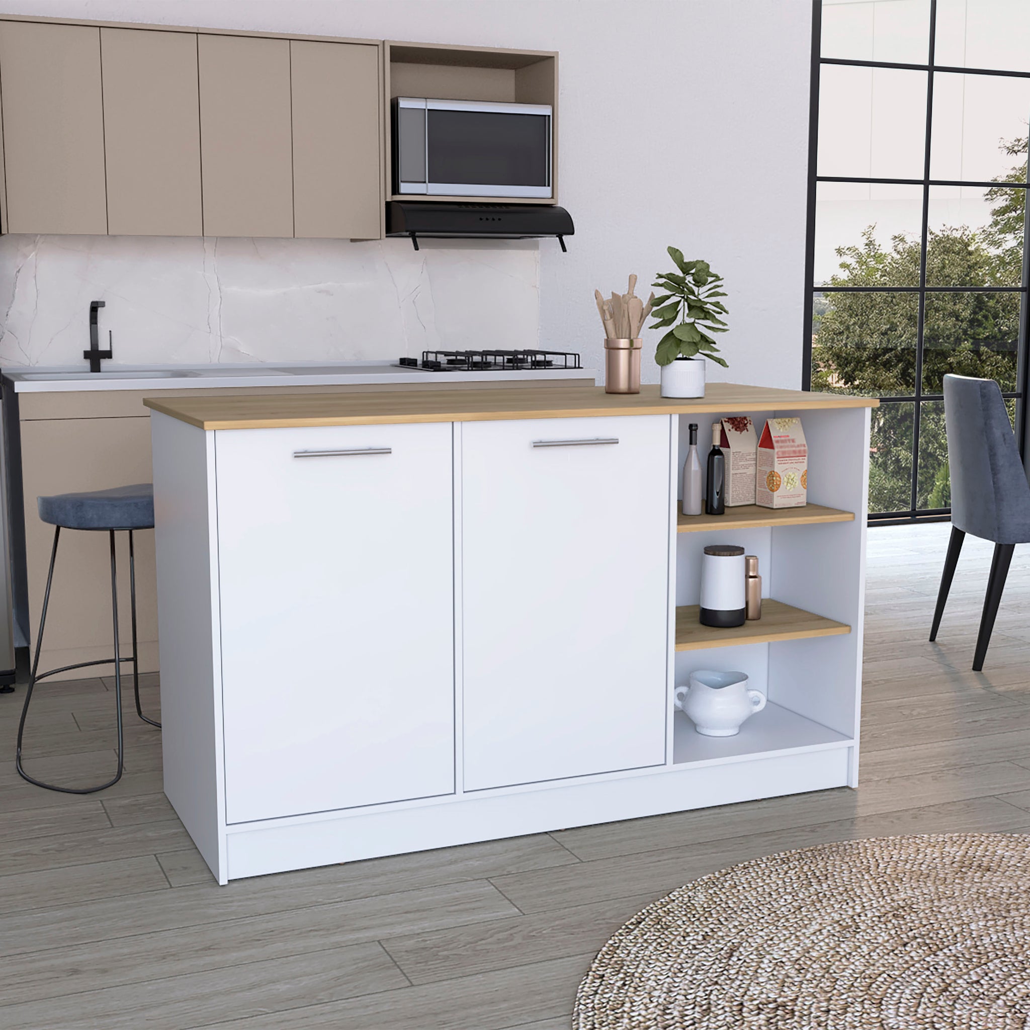 Ginger Kitchen Island, Three Open Shelves, Two Cabinets White Natural Oak Natural Walnut Dining Room Modern Rectangular Stationary Kitchen Islands Particle Board Medium 40 55In