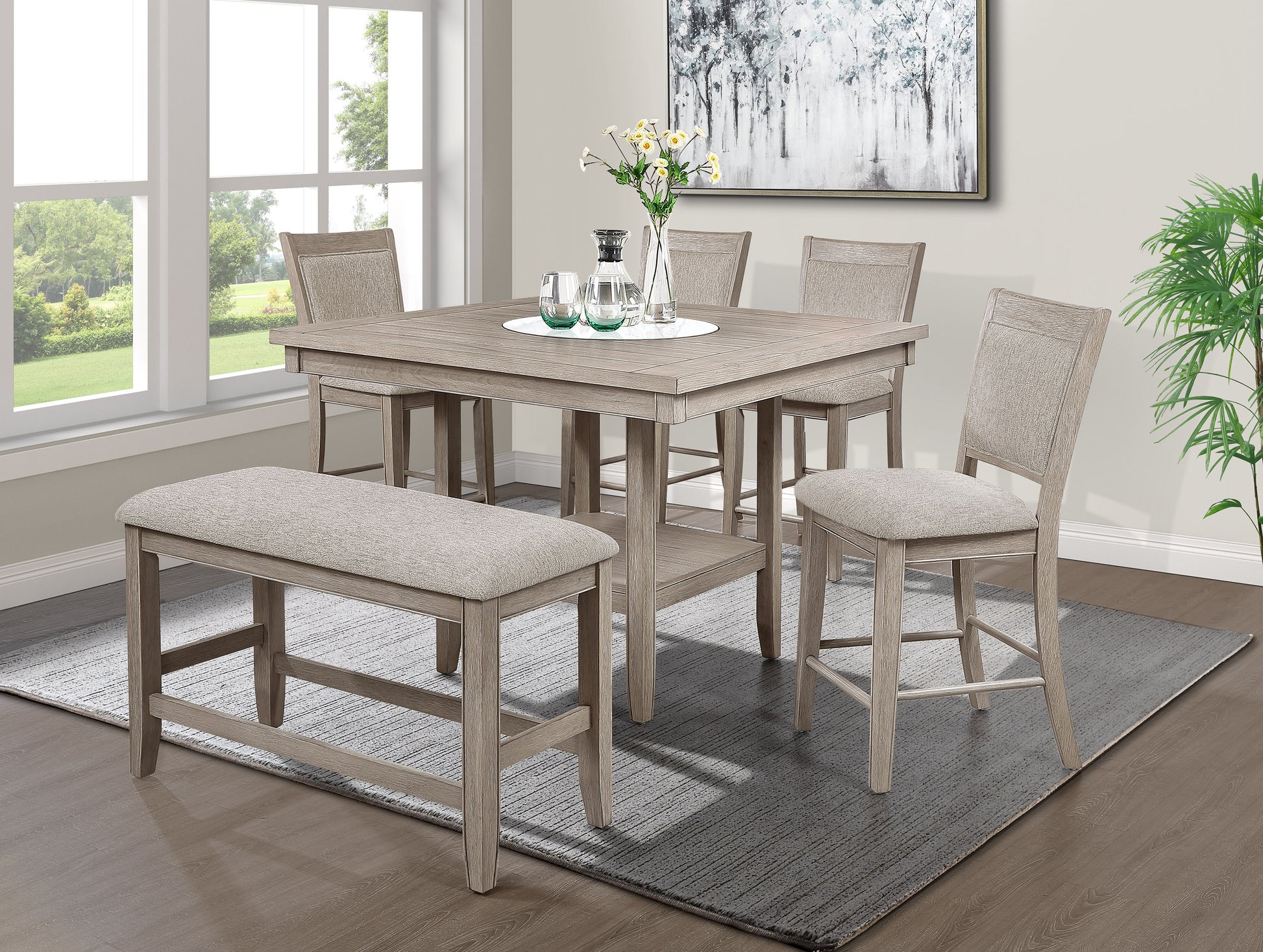 6Pc Dining Set Contemporary Farmhouse Style Counter Height W 20 Inch White Faux Marble Lazy Susan All Tan Beige Gray Finish Upholstered Chairs Bench Wooden Solid Wood Dining Room Furniture