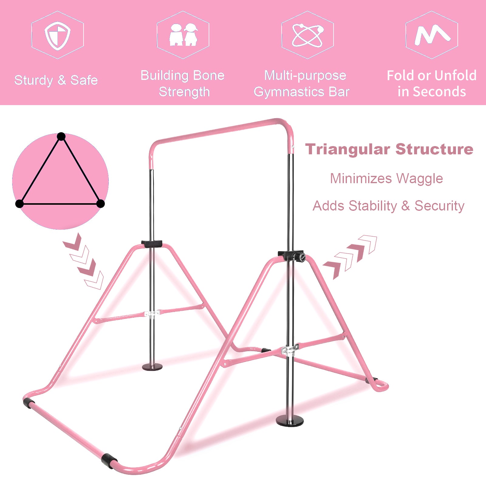 Multi Functional Adjustable Height Children'S Horizontal Gymnastic Bar With Bear Rings Pink Steel