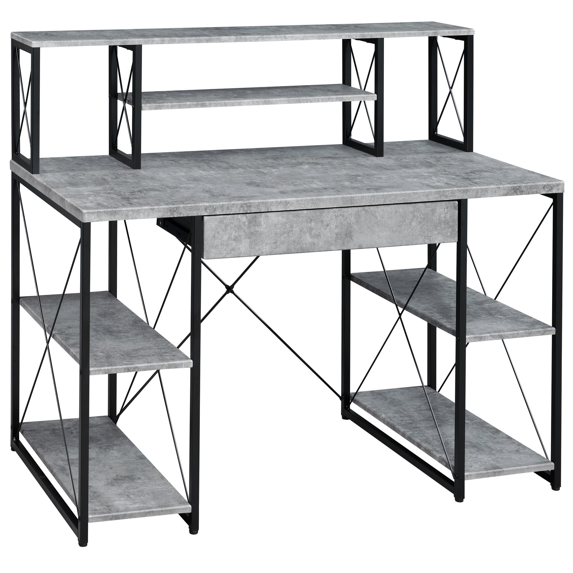 Grey And Black Office Desk With Open Shelves And Hutch Black Grey Writting Desk Office Rectangular Shelves Desk Wood Metal Sled