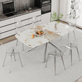 Table And Chair Set.Modern Luxurious White Marble Patterned Tempered Glass Dining Table Set With Transparent Pp Chairs.6 Transparent High Quality Pp Dining Chairs With Silver Legs. White Silver