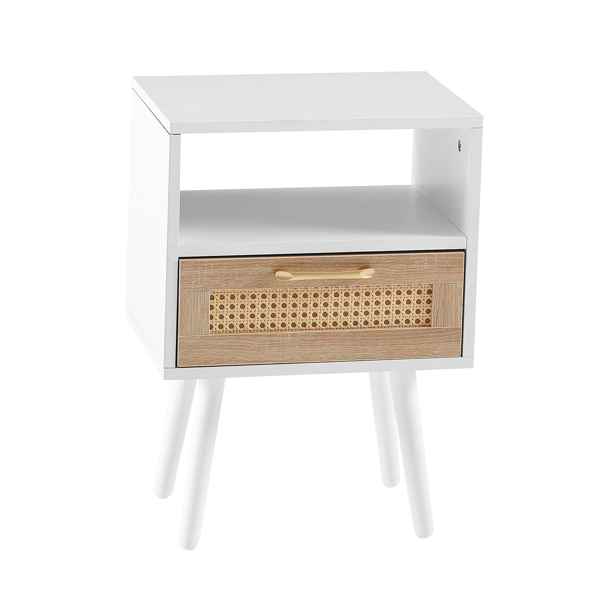 15.75" Rattan End Table With Drawer And Solid Wood Legs, Modern Nightstand, Side Table For Living Room, Bedroom,White White Mdf