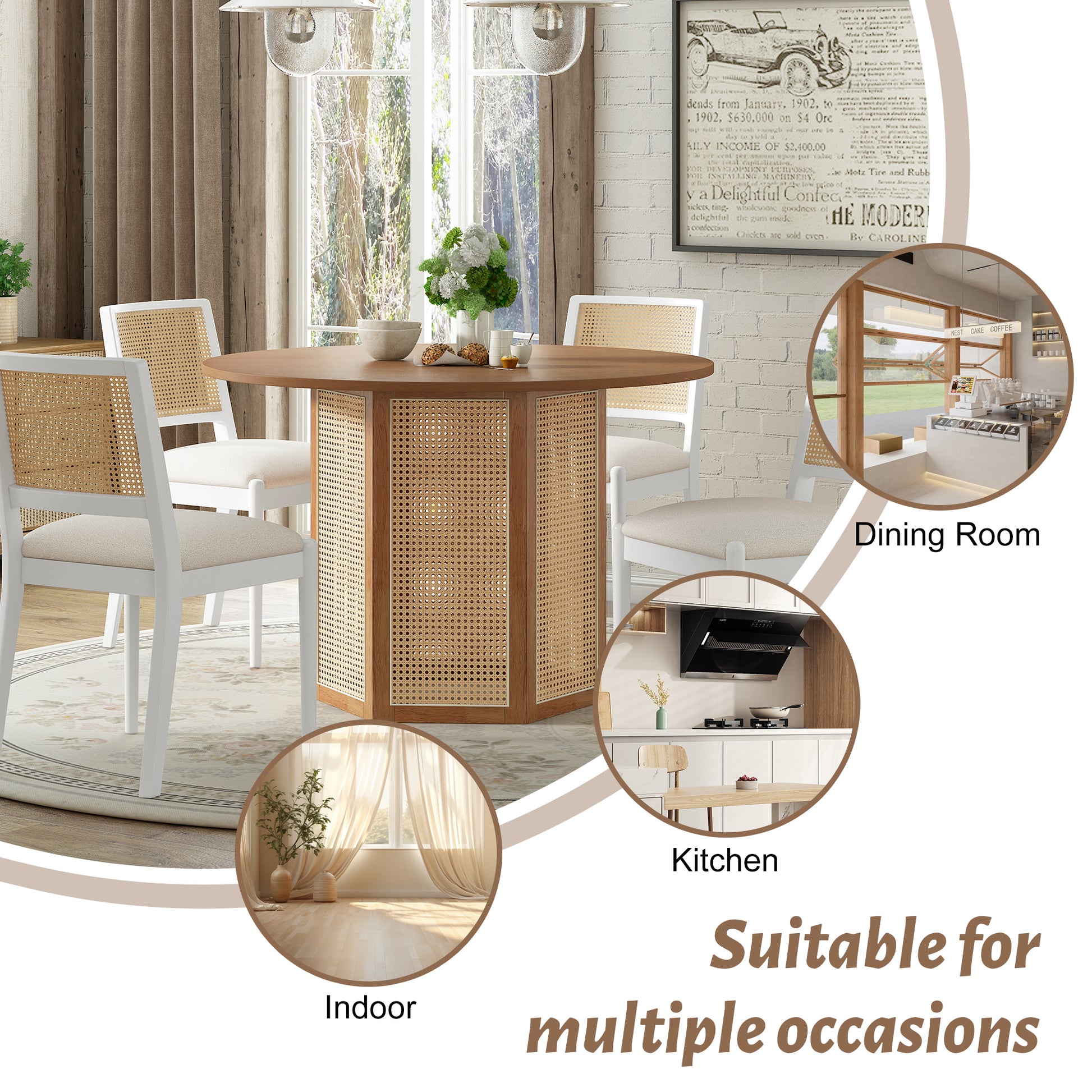 5 Piece Rattan Round Dining Table Set, Wood Table With Hexagonal Base And Upholstered Chairs For Dining Room, Kitchen,Indoor Use, White Beige Wood Dining Room Solid Wood Rubberwood Round Dining Table With Chair Wood Wood White Seats 4 Traditional Round