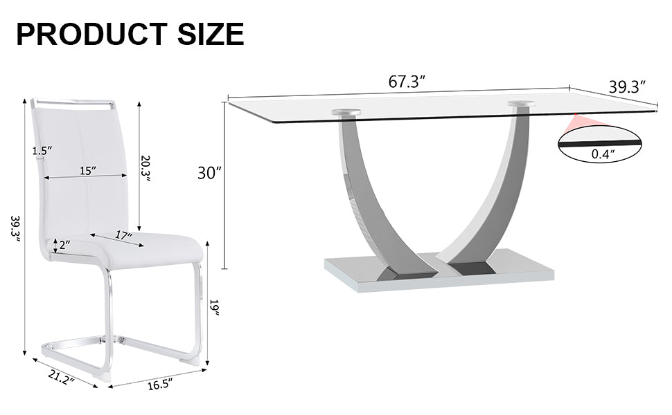 Table And Chair Set. Large Modern Rectangular Table With Glass Top And Silver Metal Legs. Furnished With Soft And Comfortable Pu Chairs With Faux Leather Upholstered Seats And Silver Metal Legs. White Silver Seats 8 Glass Metal