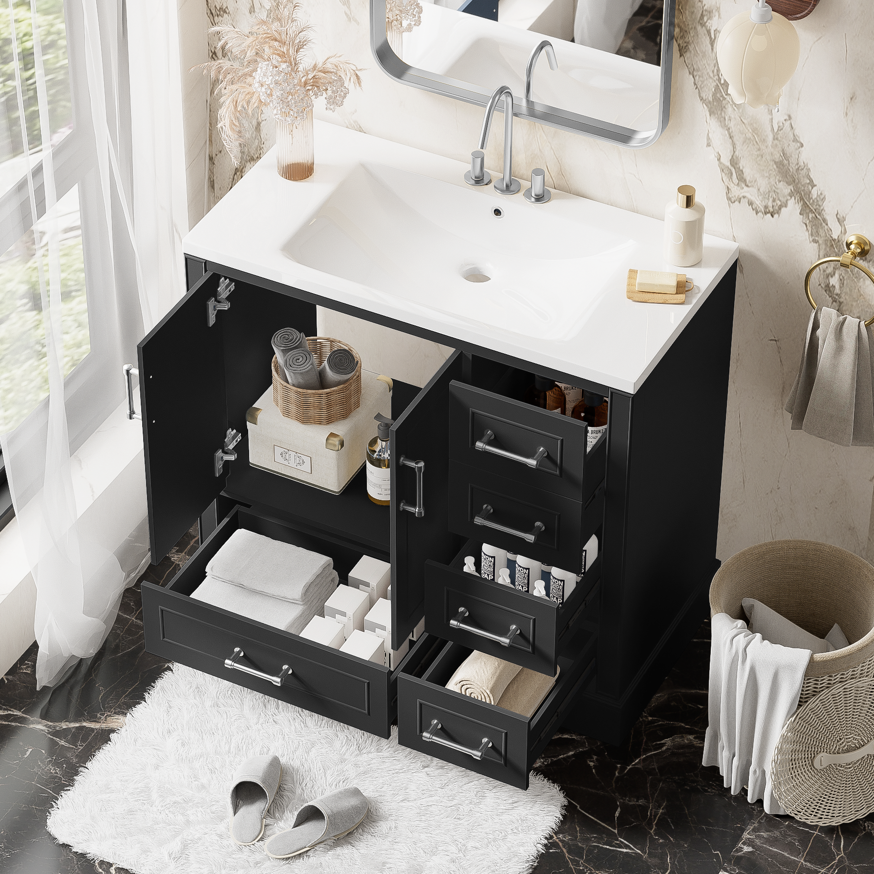 36 Inch Traditional Bathroom Vanity With Resin Sink Combo Set, Black Bathroom Cabinet With Two Doors And Four Drawers Black Bathroom Solid Wood Mdf Resin