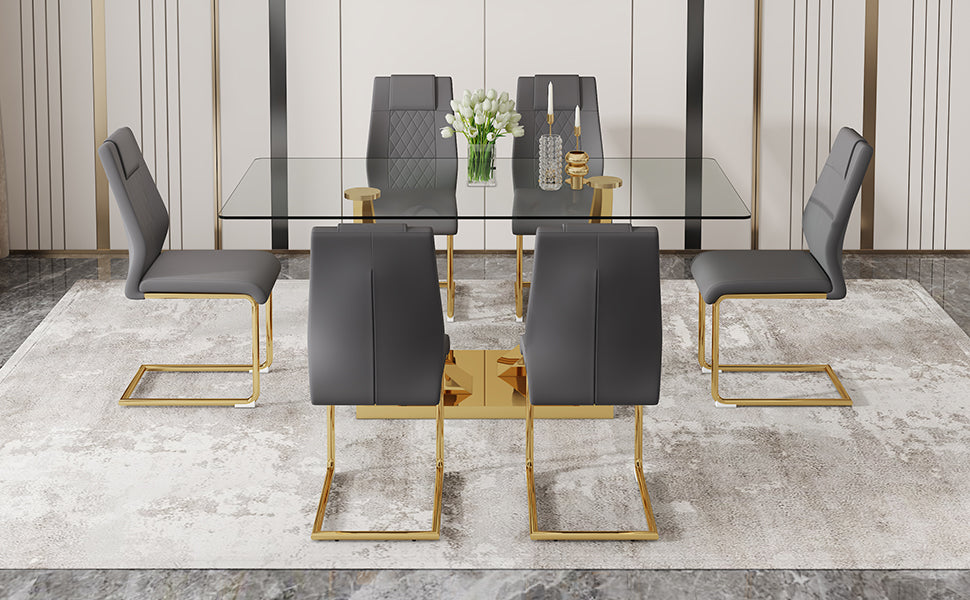 Table And Chair Set.Modern Rectangular Dining Table With Transparent Tempered Glass Tabletop And Gold Plated Metal Legs.Paried With 6 Comfortable Chairs With Pu Seats And Golden Metal Legs. Grey Gold,Transparent Seats 6 Glass Metal
