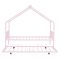 Twin Size Metal House Bed With Twin Size Trundle, Pink Twin Pink Metal