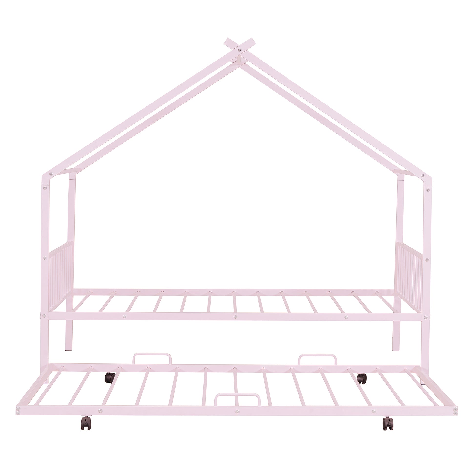 Twin Size Metal House Bed With Twin Size Trundle, Pink Twin Pink Metal