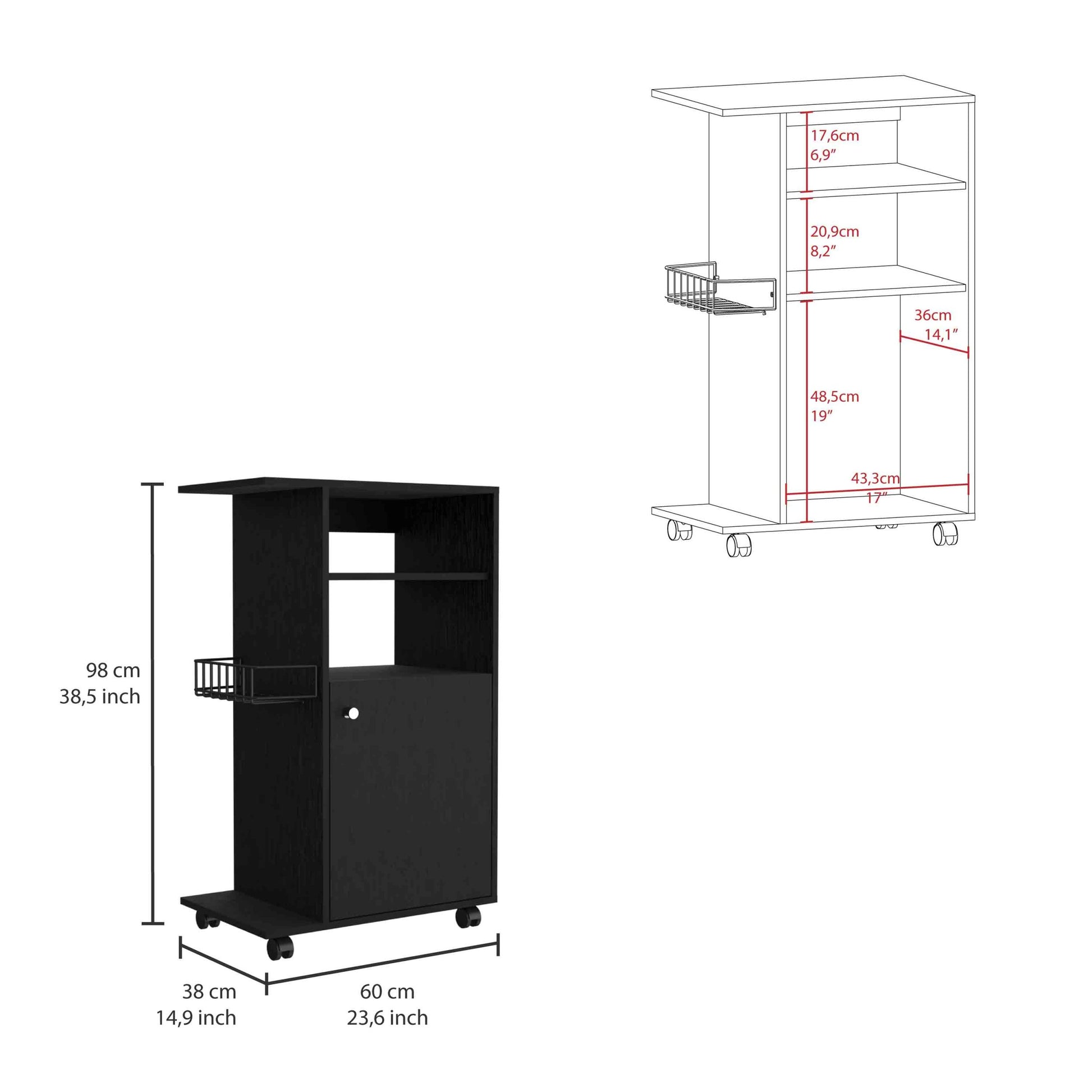 Clip Kitchen Cart, Single Door Cabinet, Four Casters Black Black Kitchen Modern Rectangular Stationary Kitchen Islands Particle Board Particle Board Medium 40 55In