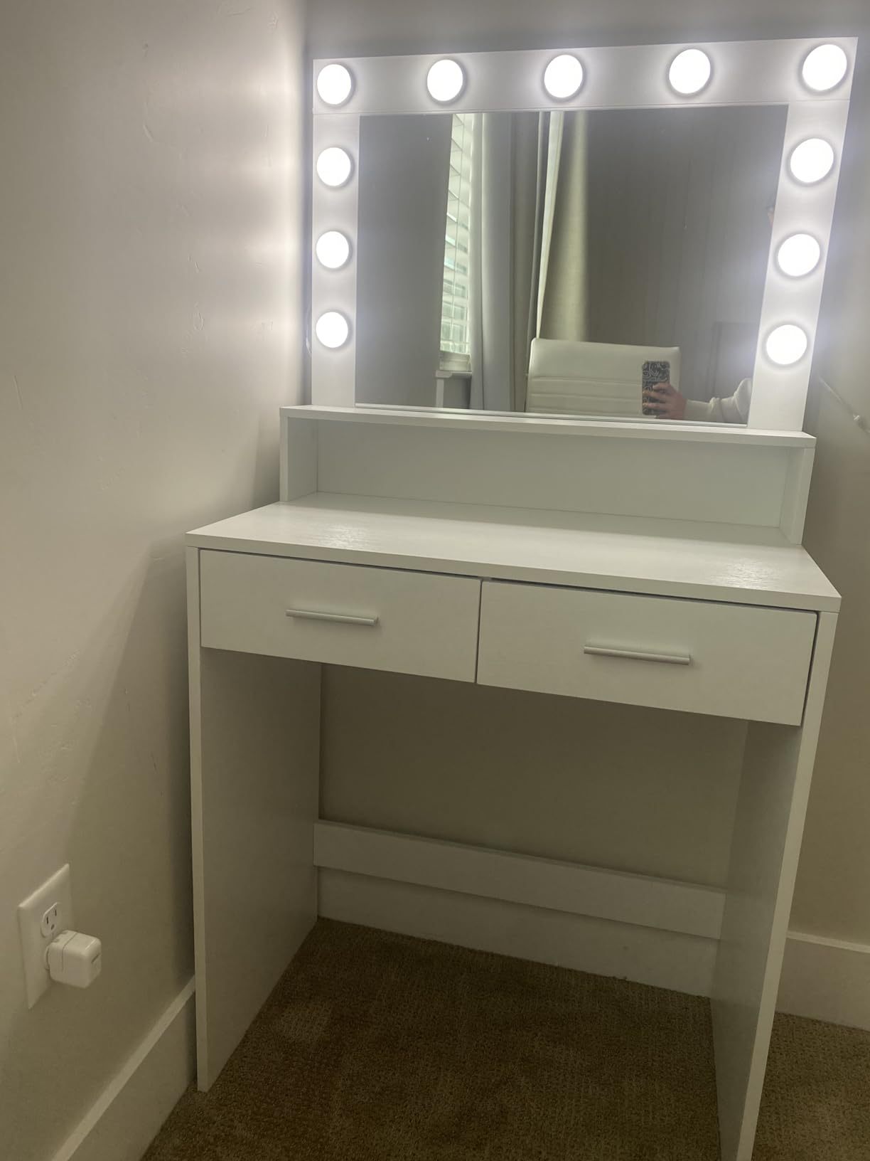 Vanity Desk With Mirror And Lights, Dressing Table With Large Drawer, 2 Level Storage Dresser & 3 Lighting Modes Adjustable Brightness, Suitable For Bedroom White White Particle Board