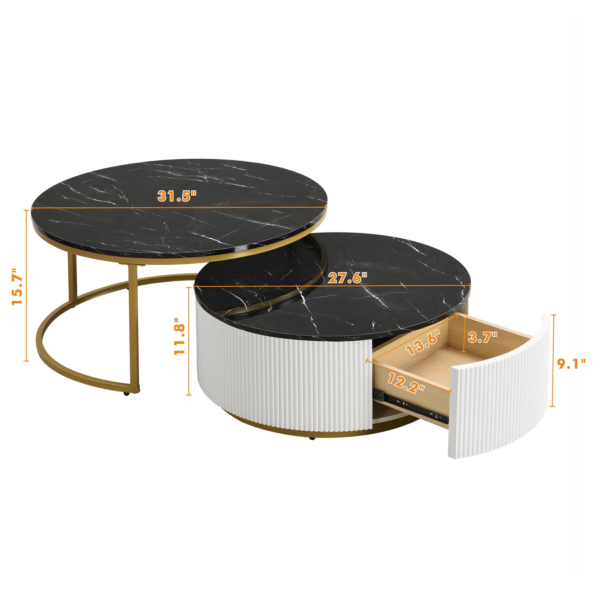 Modern Round Nesting Coffee Table Fluted With Drawer In Black & Gold In 31.5'' Golden Black Drawers Coffee & End Tables Glossy Round Metal Mdf Pedestal