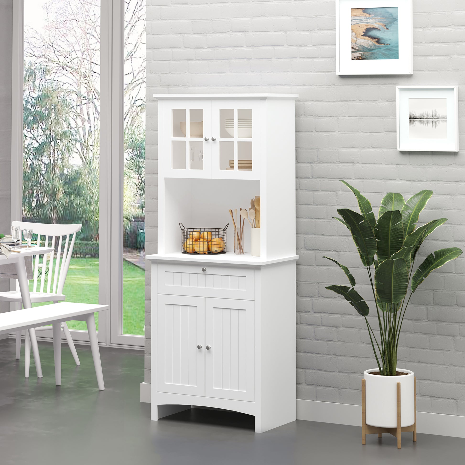 Homcom Elegant Buffet With Hutch, Kitchen Pantry Storage Cabinet With Framed Glass Door Drawer And Microwave Space, White White Mdf