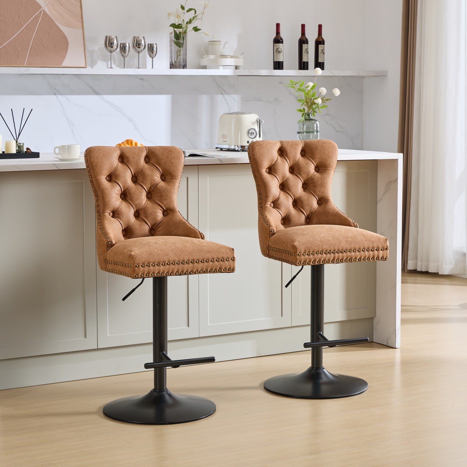 Aged And Retro Pu Swivel Barstools Adjusatble Seat Height From 25 33 Inch, Modern Bar Stools With Backs Comfortable Tufted For Home Pub And Kitchen Island Orange,Set Of 2 Orange American Design Bar Stools Set Of 2 Foam Pu Leather