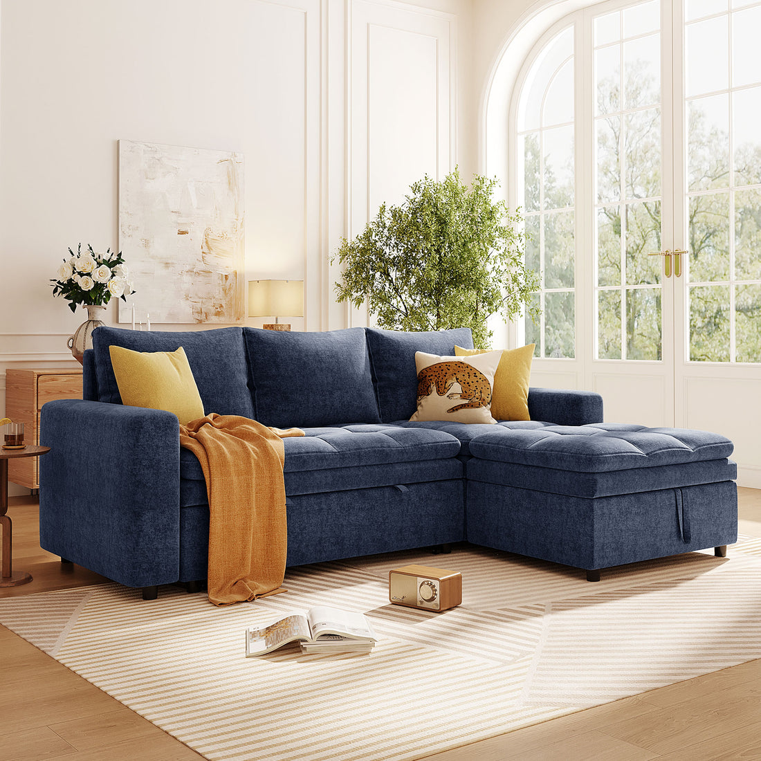 Soft Upholstered Sectional Sofa Bed With Storage Space, Suitable For Living Rooms And Apartments. Blue Wood Polyester 3 Seat