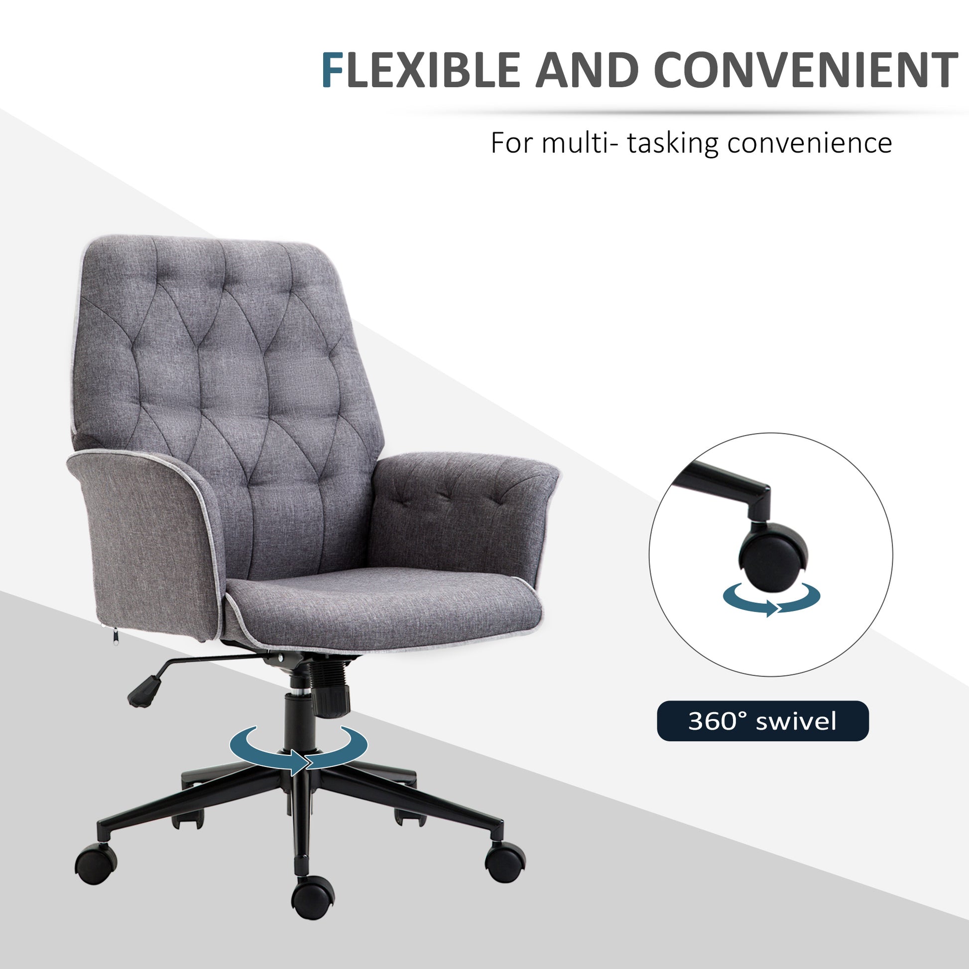 Homcom Linen Home Office Chair, Tufted Height Adjustable Computer Desk Chair With Swivel Wheels And Padded Armrests, Dark Gray Dark Gray Polyester