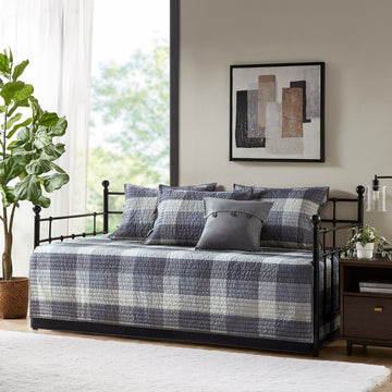 6 Piece Reversible Plaid Daybed Cover Set Grey Daybed Grey Polyester