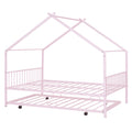 Full Size Metal House Bed With Twin Size Trundle, Pink Full Pink Metal