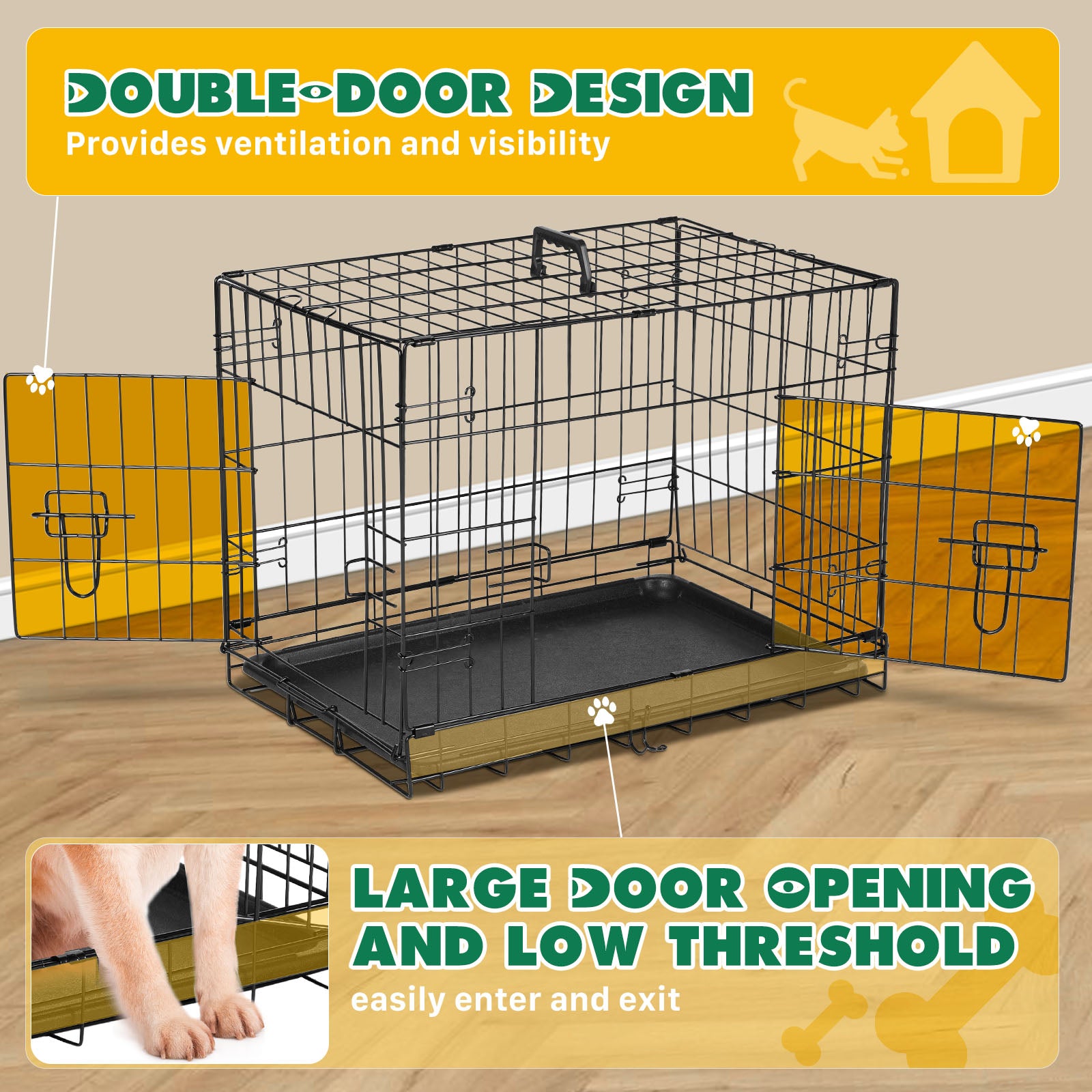 Dog Crate With Divider Panel,24 Inch Double Door Folding Metal Wire Dog Cage With Plastic Leak Proof Pan Tray, Pet Kennel For Indoor Black Iron