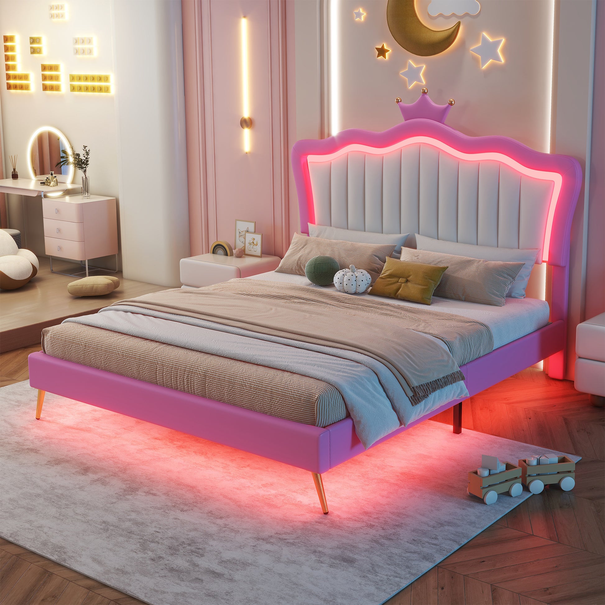 Full Size Upholstered Bed Frame With Led Lights, Modern Upholstered Princess Bed With Crown Headboard, Pink White Box Spring Not Required Full Pink White Wood Bedroom Modern Bed Frame Pu