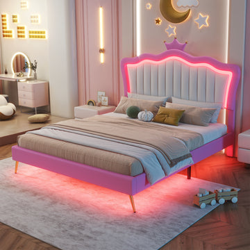 Full Size Upholstered Bed Frame With Led Lights, Modern Upholstered Princess Bed With Crown Headboard, Pink White Box Spring Not Required Full Pink White Wood Bedroom Modern Bed Frame Pu