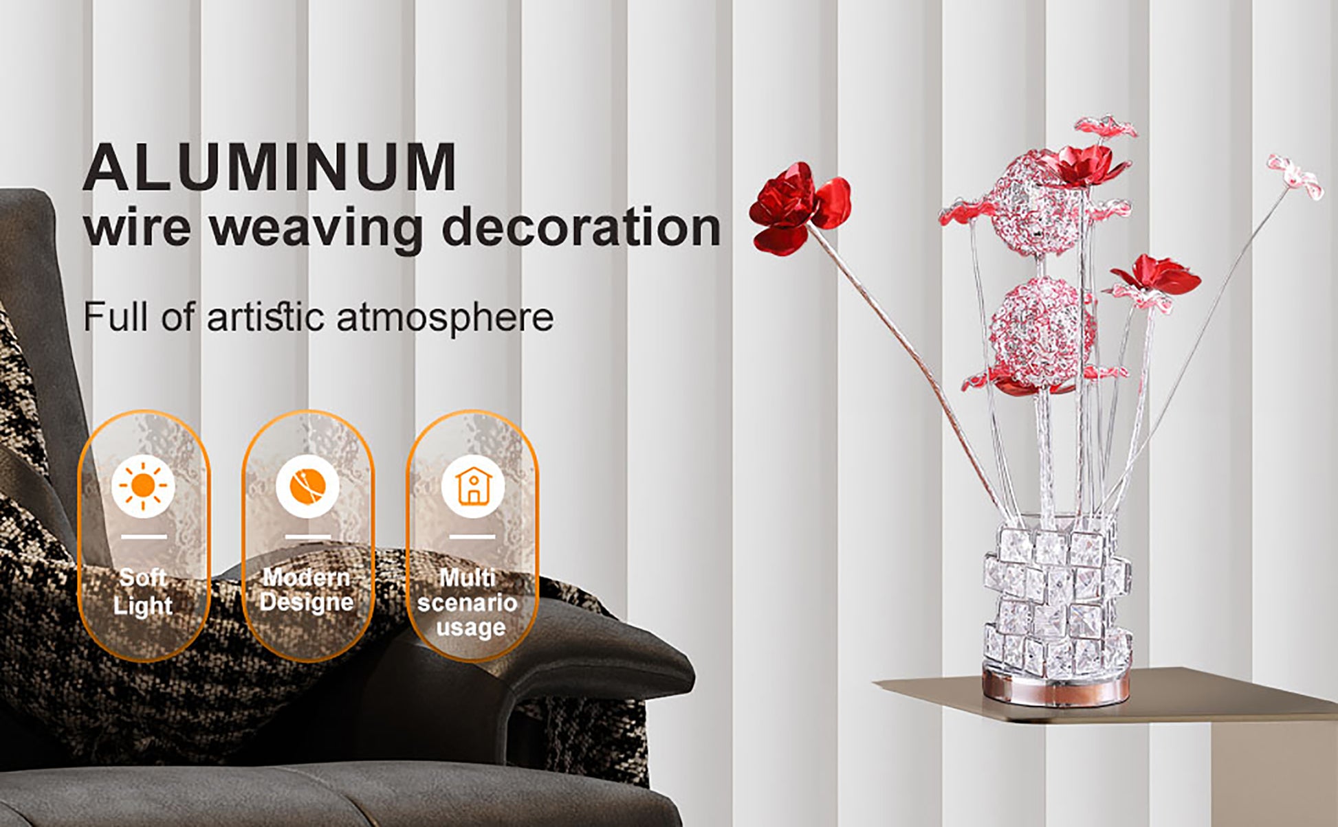 Aluminum 4 Red Roses 6 Petal Floral 2 Red Silver Flower Bud On A 4 Squared Modern Hexagona Chrome Vase Table Lamp For Living Room, Nightstand Bedside Table Lamp For Bedroom, Led Lamp Multicolor Aluminium