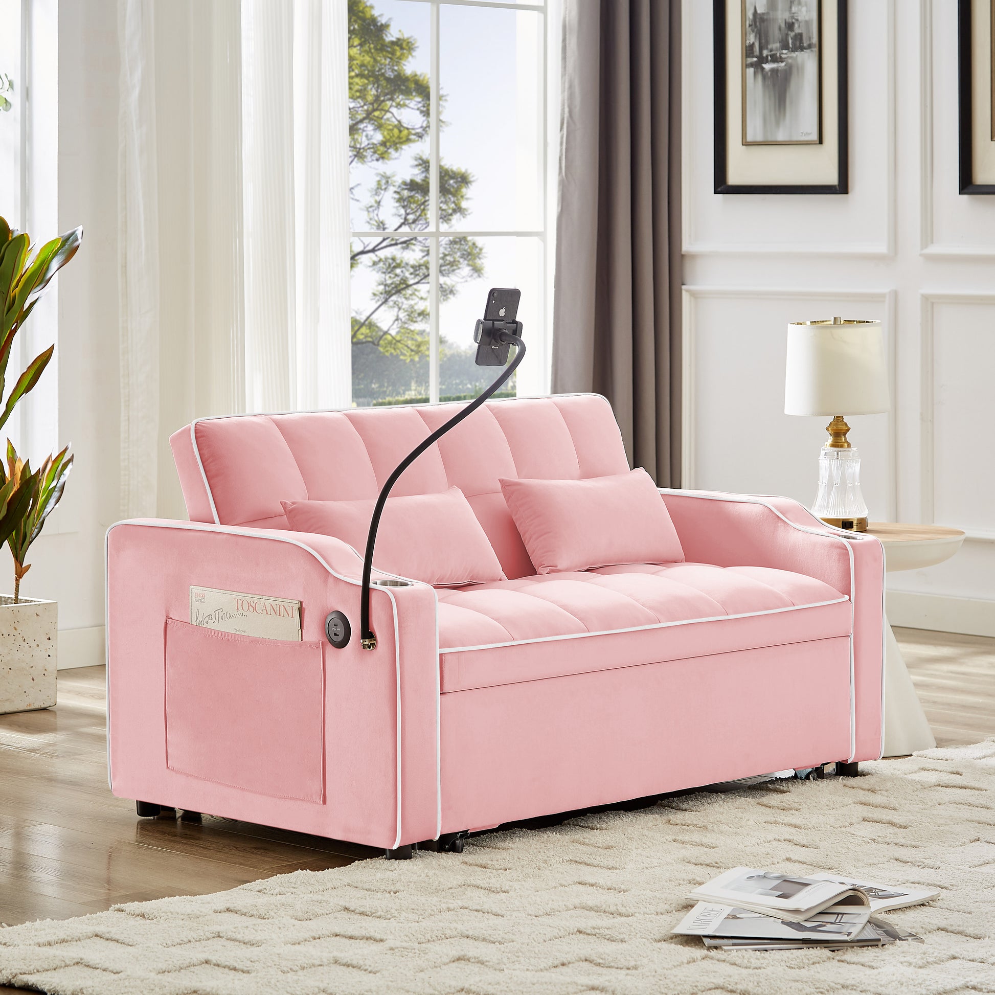 1 Versatile Foldable Sofa Bed In 3 Lengths, Modern Sofa Sofa Sofa Velvet Pull Out Bed, Adjustable Back And With Usb Port And Ashtray And Swivel Phone Stand Pink Pink Solid Wood Mdf Resin 2 Seat