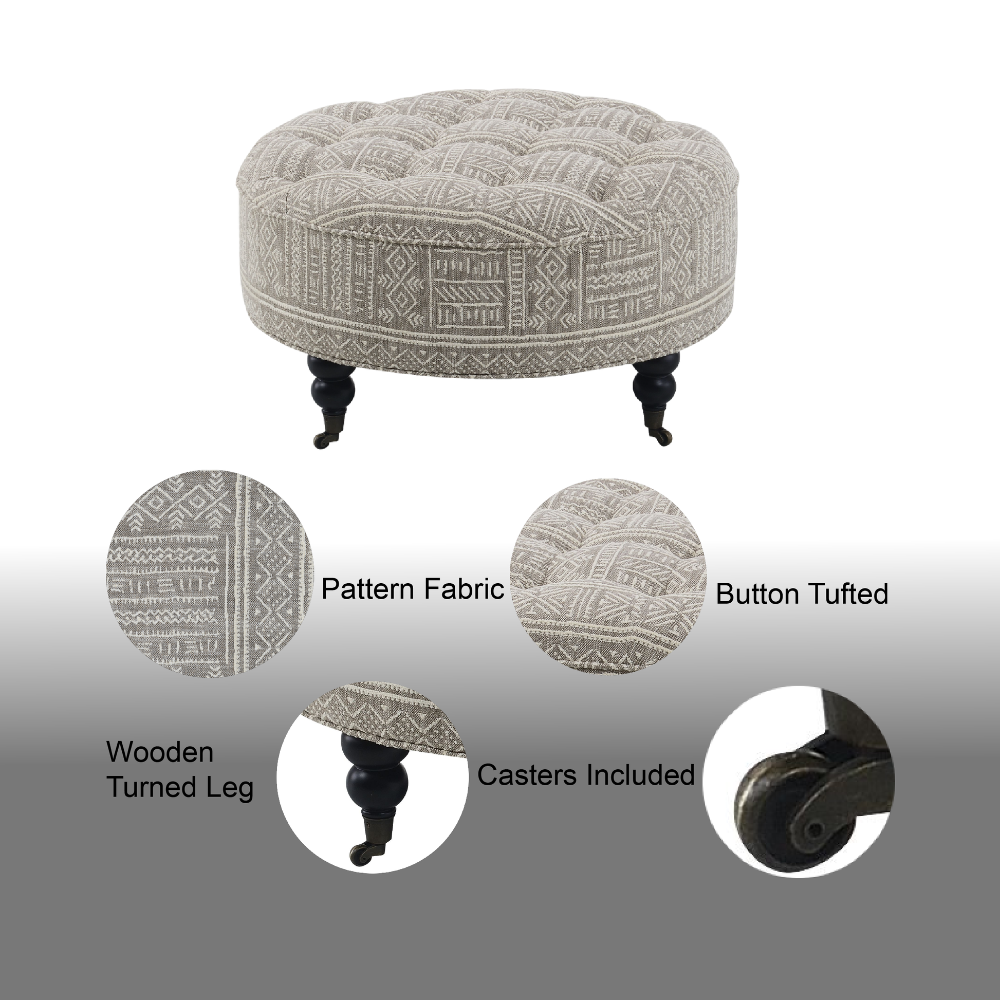 Grey Ottoman With Casters Grey Wood Primary Living Space Backless Pattern Grey Round Armless Fabric Metal