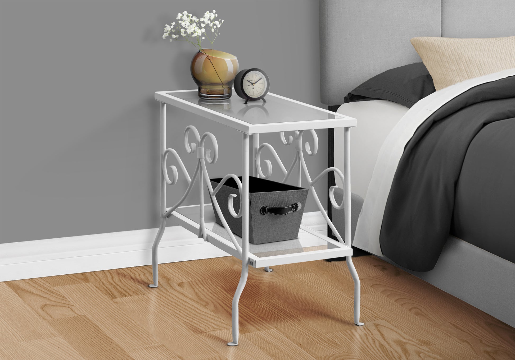 Accent Table, Side, End, Nightstand, Lamp, Living Room, Bedroom, Clear Tempered Glass, White Metal, Traditional White Metal