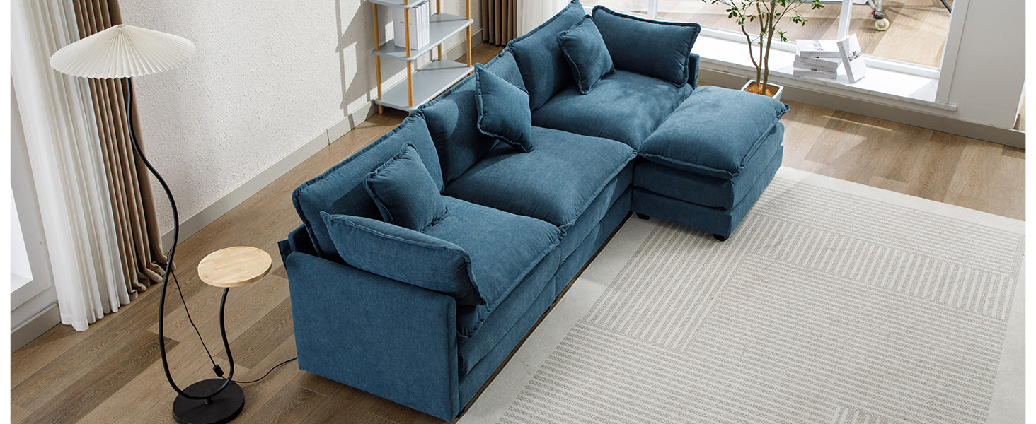 112.2" L Shape Chenille Upholstered Sofa For Living Room Modern Luxury Sofa Couch With Ottoman, 5 Pillows, Blue Blue Foam 4 Seat