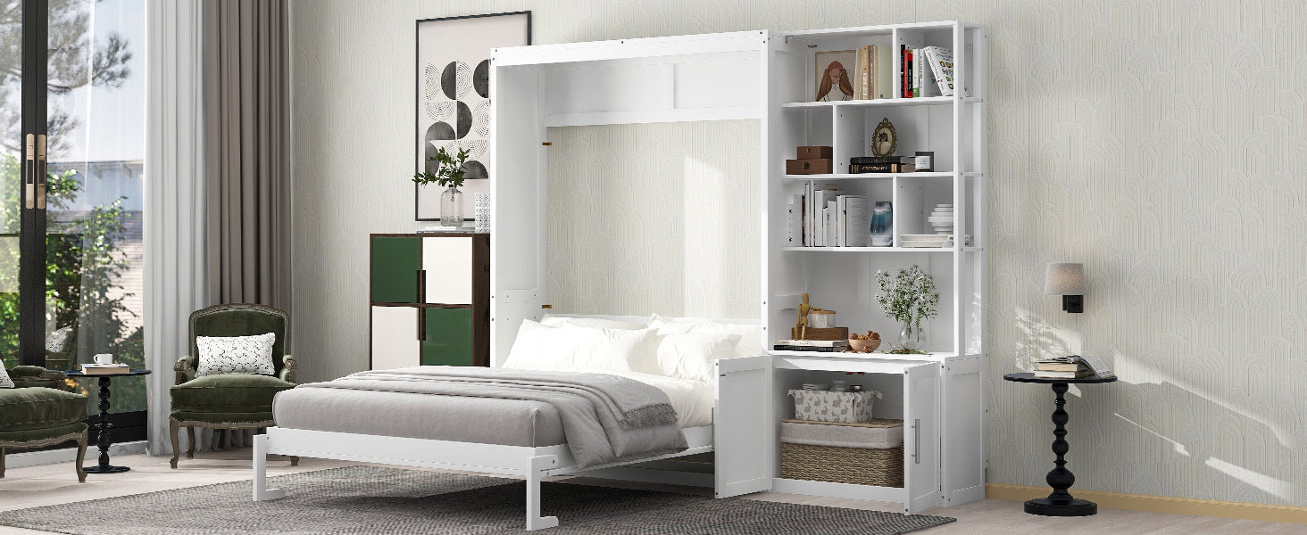 Full Size Murphy Bed With Multiple Storage Shelves And A Cabinet, White Box Spring Not Required Full White Wood Bedroom Murphy Solid Wood Mdf