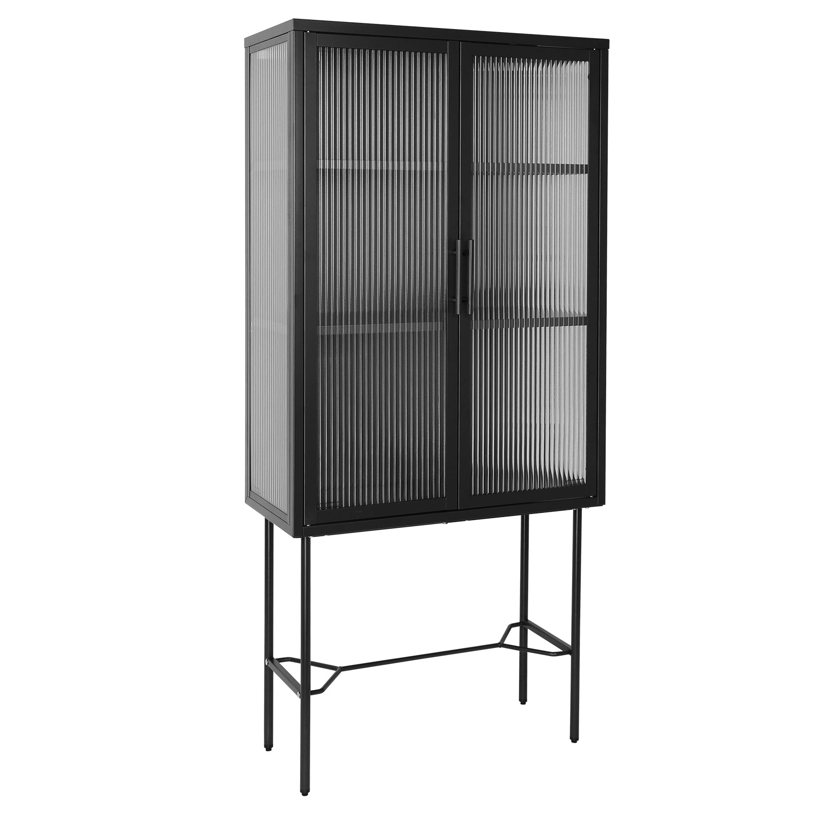 Elegant Floor Cabinet With 2 Tampered Glass Doors Living Room Display Cabinet With Adjustable Shelves Anti Tip Dust Free Easy Assembly Black Color Black Steel