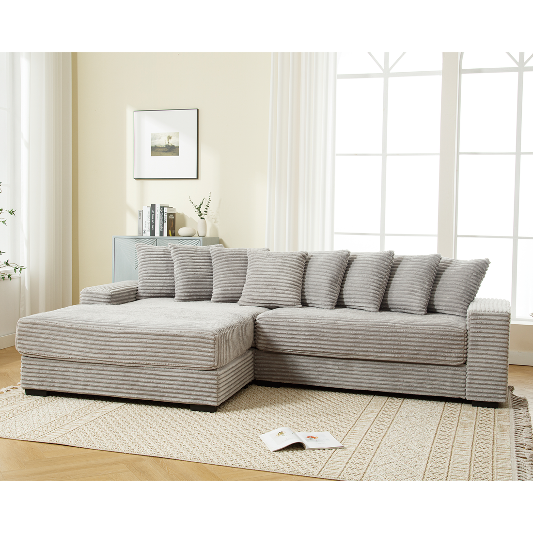 Arrived Oversized Two Piece Couches, L Shaped Sofa, Corduroy, Left Chaise Daybed,With Armrests,Eight Throw Pillows,Corner Sofa,Easy To Assemble, Gray Gray Polyester Wood Primary Living Space Medium Soft Pillow Back Modern Square Arms Wood 3 Seat