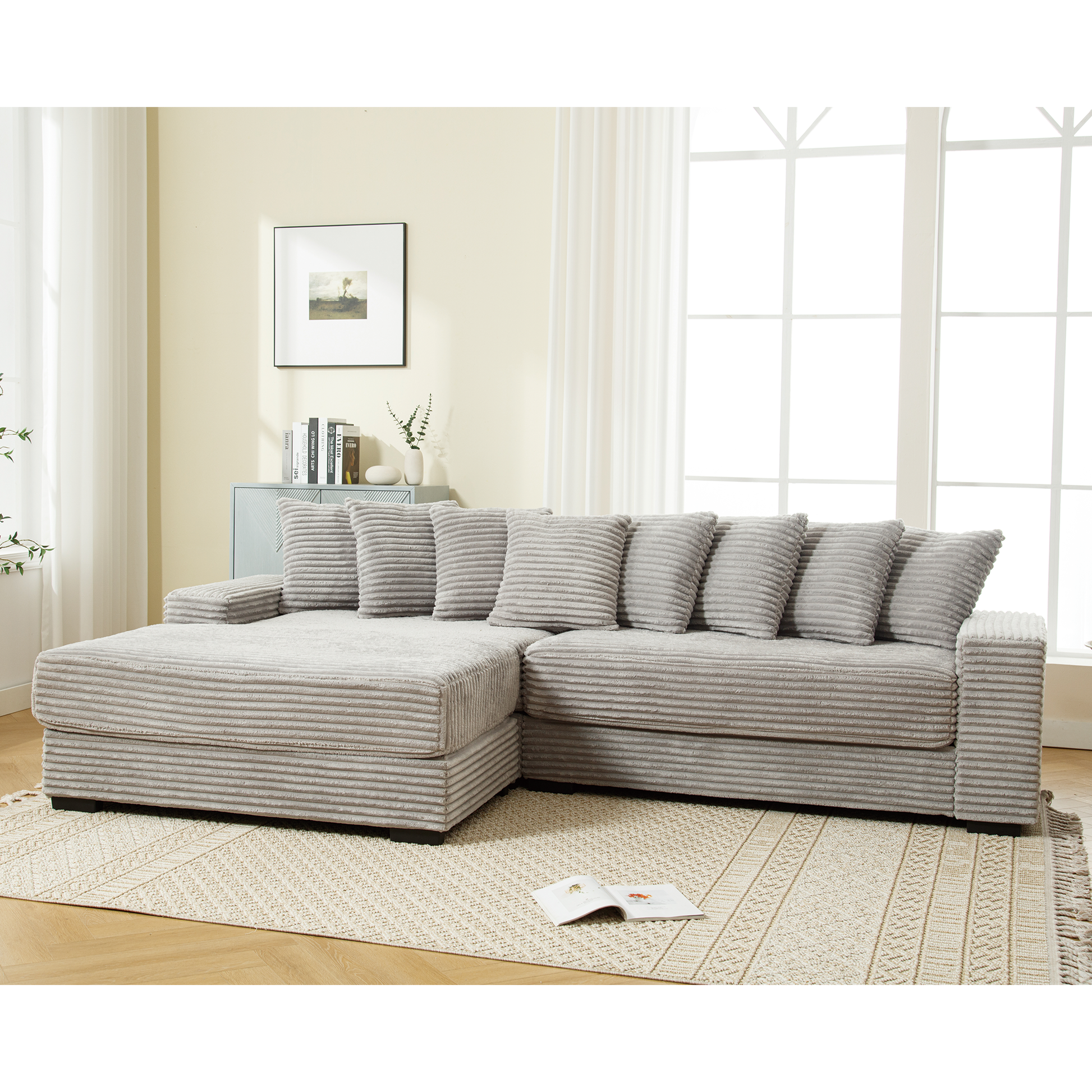 Arrived Oversized Two Piece Couches, L Shaped Sofa, Corduroy, Left Chaise Daybed,With Armrests,Eight Throw Pillows,Corner Sofa,Easy To Assemble, Gray Gray Polyester Wood Primary Living Space Medium Soft Pillow Back Modern Square Arms Wood 3 Seat