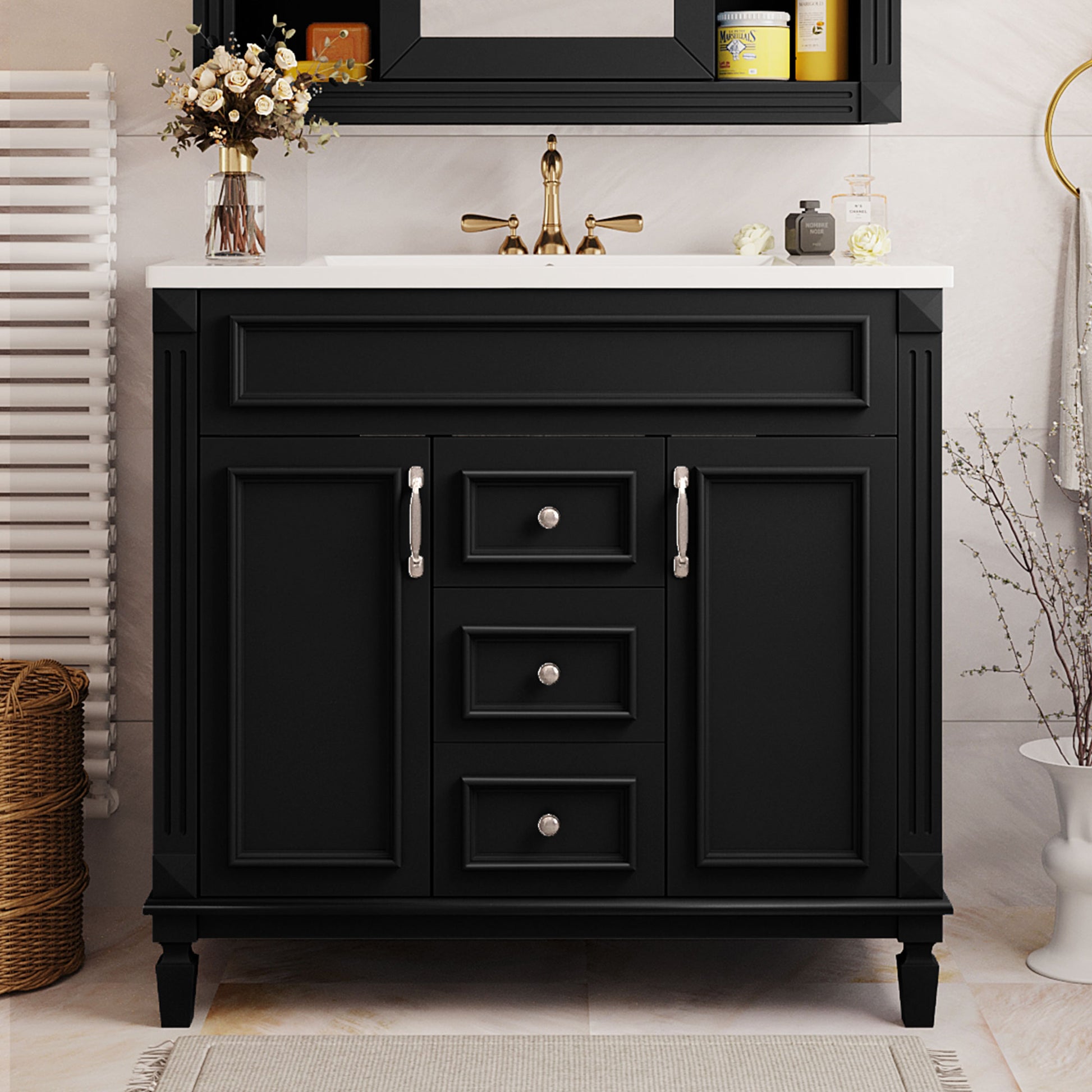 36'' Bathroom Vanity With Top Sink, Modern Bathroom Storage Cabinet With 2 Soft Closing Doors And 2 Drawers, Single Sink Bathroom Vanity Black Bathroom Modern Mdf Ceramic,Solid Wood Mdf