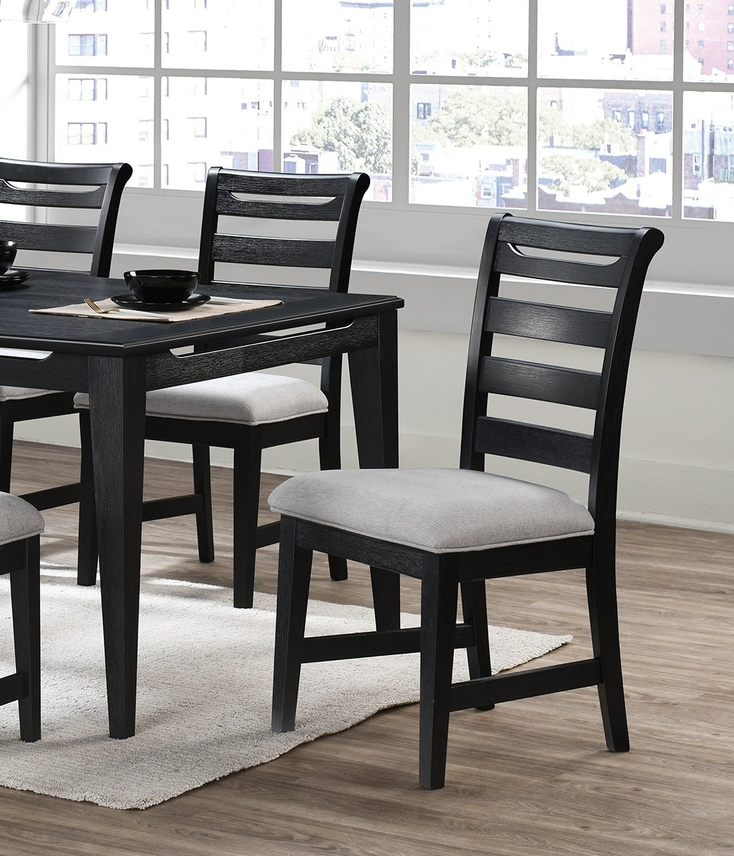 Black Color 6Pc Dining Set Table And 4X Side Chairs 1X Bench Upholstered Fabric Cushion Seats Solid Wood Dining Room Furniture Wood Dining Room Solid Wood Rubberwood Rectangular Dining Table With Chair And Bench Upholstered Chair Wood Black Ladder Back