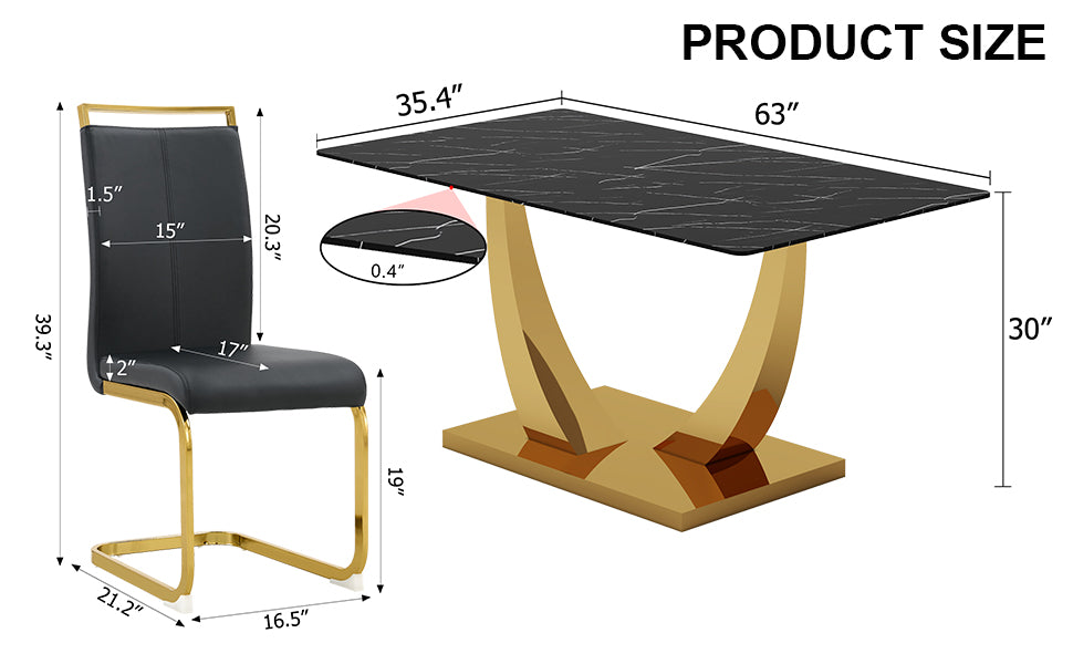 Table And Chair Set.Modern Rectangular Dining Table With Black Textured Stickers Glass Tabletop And Gold Plated Metal Legs.Paried With 4 Comfortable Chairs With Pu Seats And Golden Metal Legs. Black