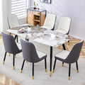 Modern Minimalist Dining Table. Imitation Marble Patterned Stone Burning Tabletop With Black Metal Legs.Modern Dining Chair With Pu Artificial Leather Backrest Cushion And Black Metal Legs.F 001 C 007 Black Gold Sintered Stone