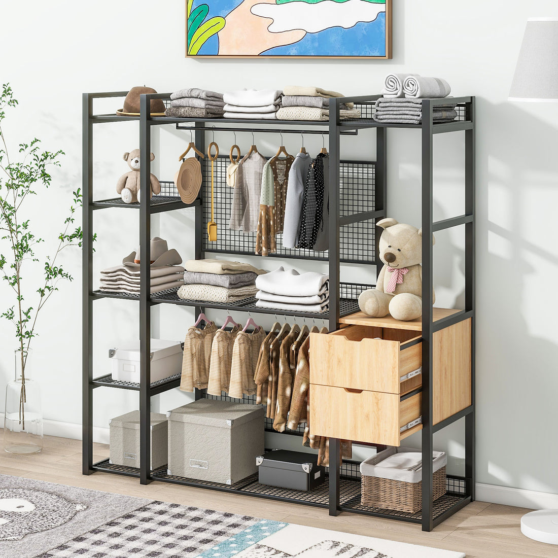 Open Style Wardrobe With Hanging Rails, Shelves And Drawers, Black Black Metal & Wood