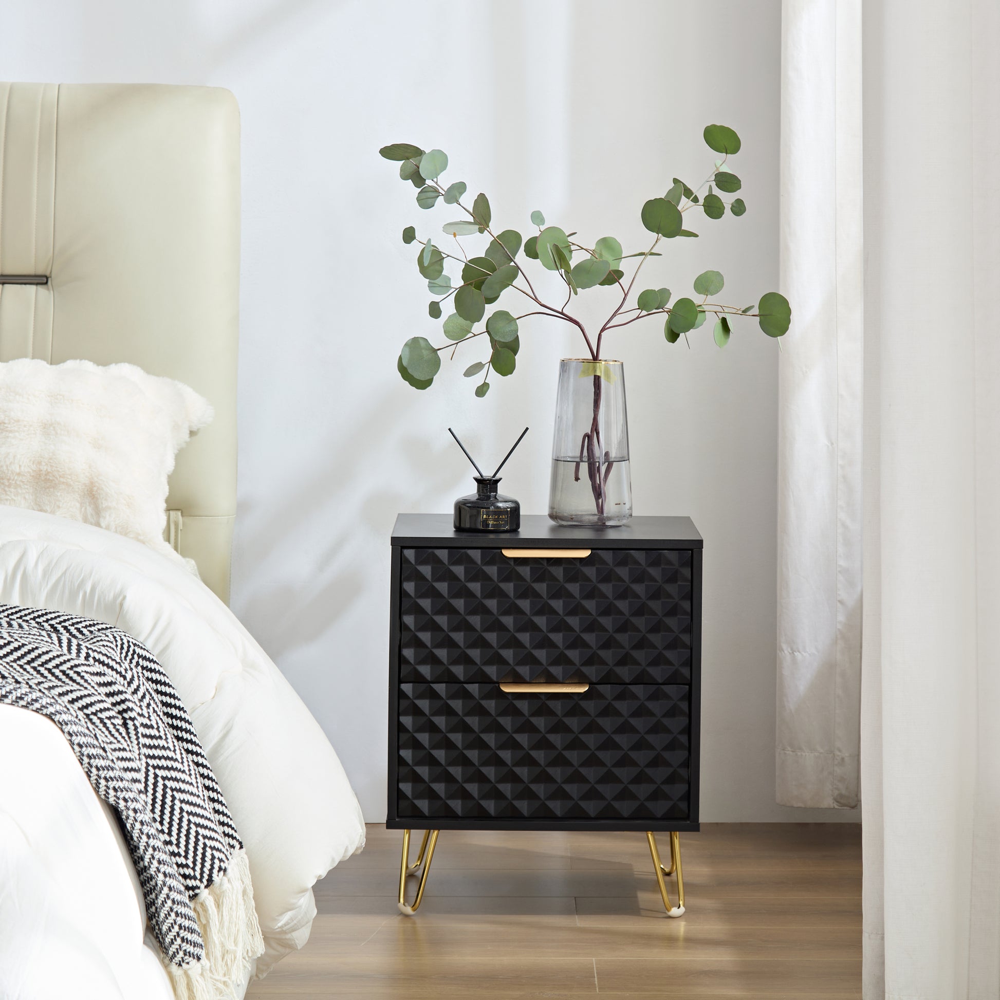 Black Nightstand Set Of 2, End Side Table Double, Bedside Table With 2 Black Nightstand Set Of 2, End Side Table Double, Bedside Table With 2