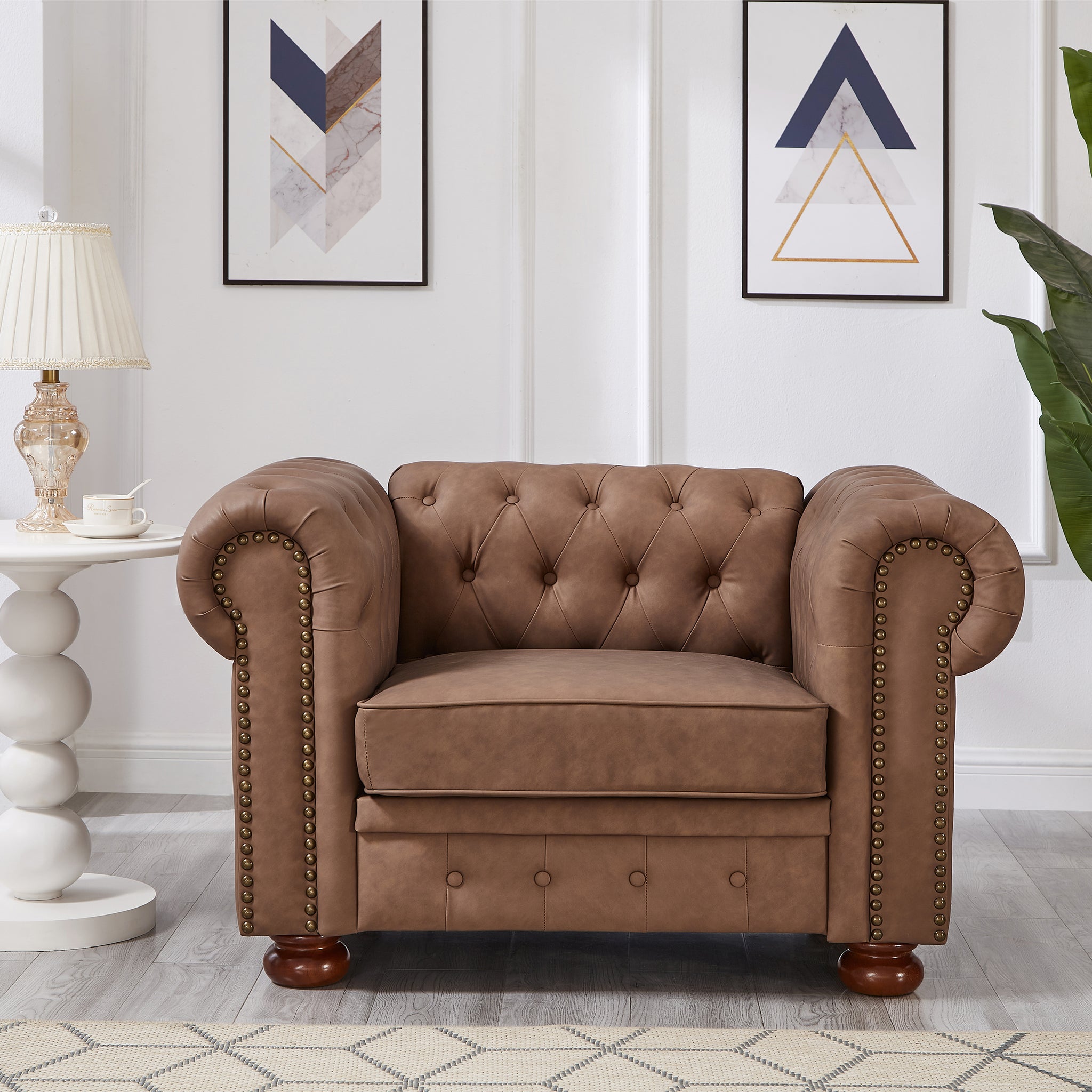 Classic Chesterfield Sofa Chair For Living Room Brown Faux Leather Brown Foam Technical Leather 1 Seat