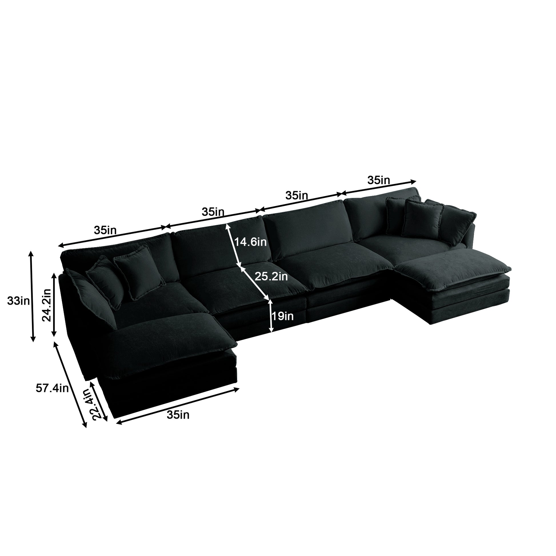 Comfort U Shaped Couch With Reversible Chaise, Modular Large U Shape Sectional Sofa, Double Extra Ottomans,Black Chenille Black Chenille 4 Seat
