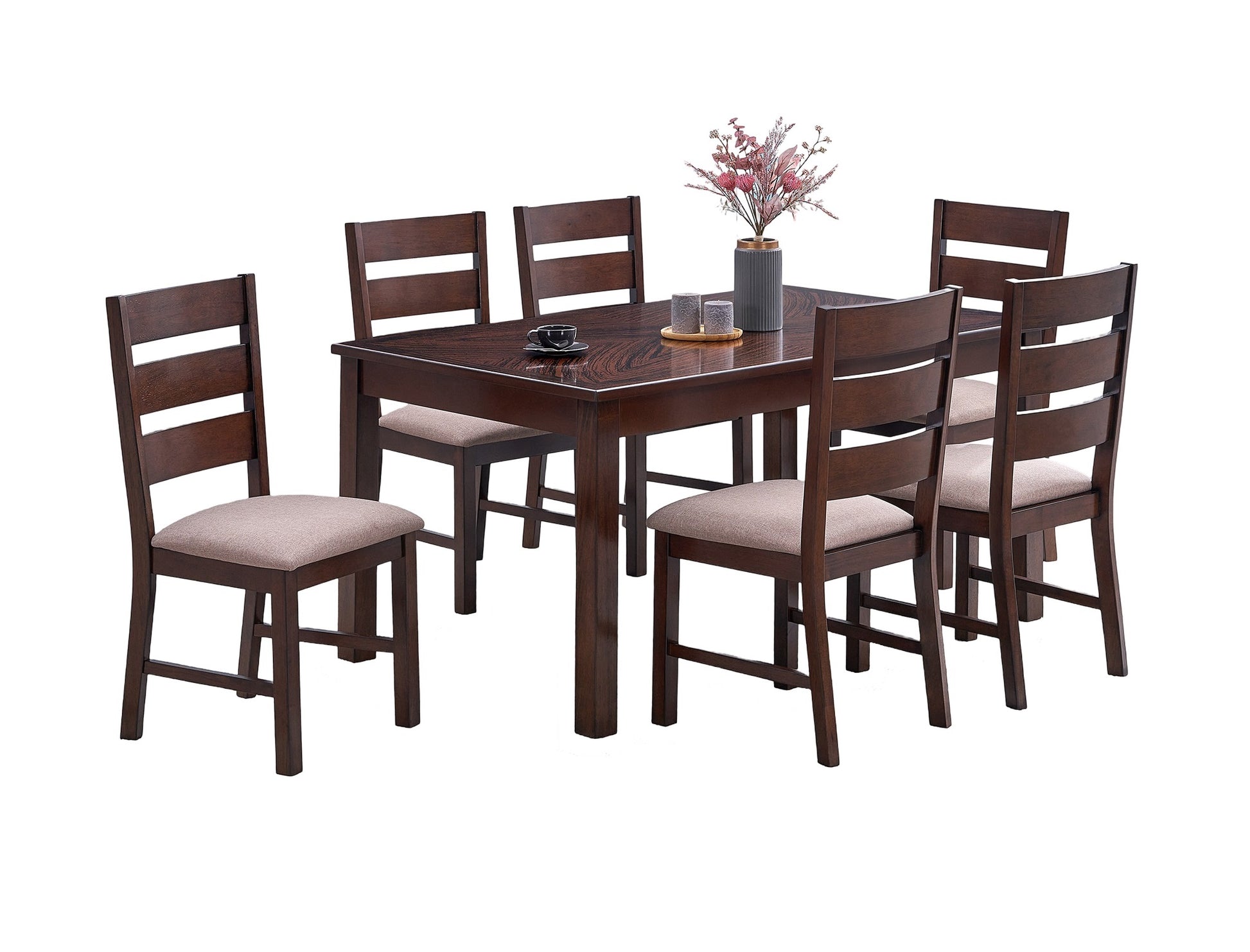 Contemporary Antique Cherry 7Pc Dining Set Table And 6X Side Chairs Melamine Table Top Fabric Cushion Seats Chairs Solid Wood Dining Room Furniture Upholstered Chair Wood Cherry Ladder Back Seats 6 Dining Room Solid Wood Classic,Contemporary,Modern