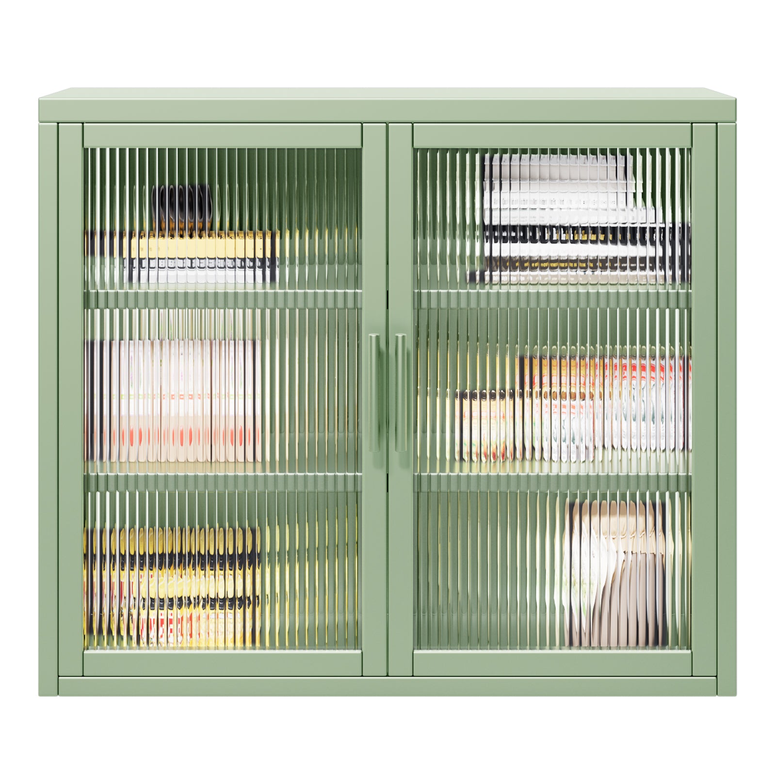 Retro Style Haze Double Glass Door Wall Cabinet With Detachable Shelves For Office, Dining Room,Living Room, Kitchen And Bathroom Mint Green Mint Green Tempered Glass Sheet Metal Plastic