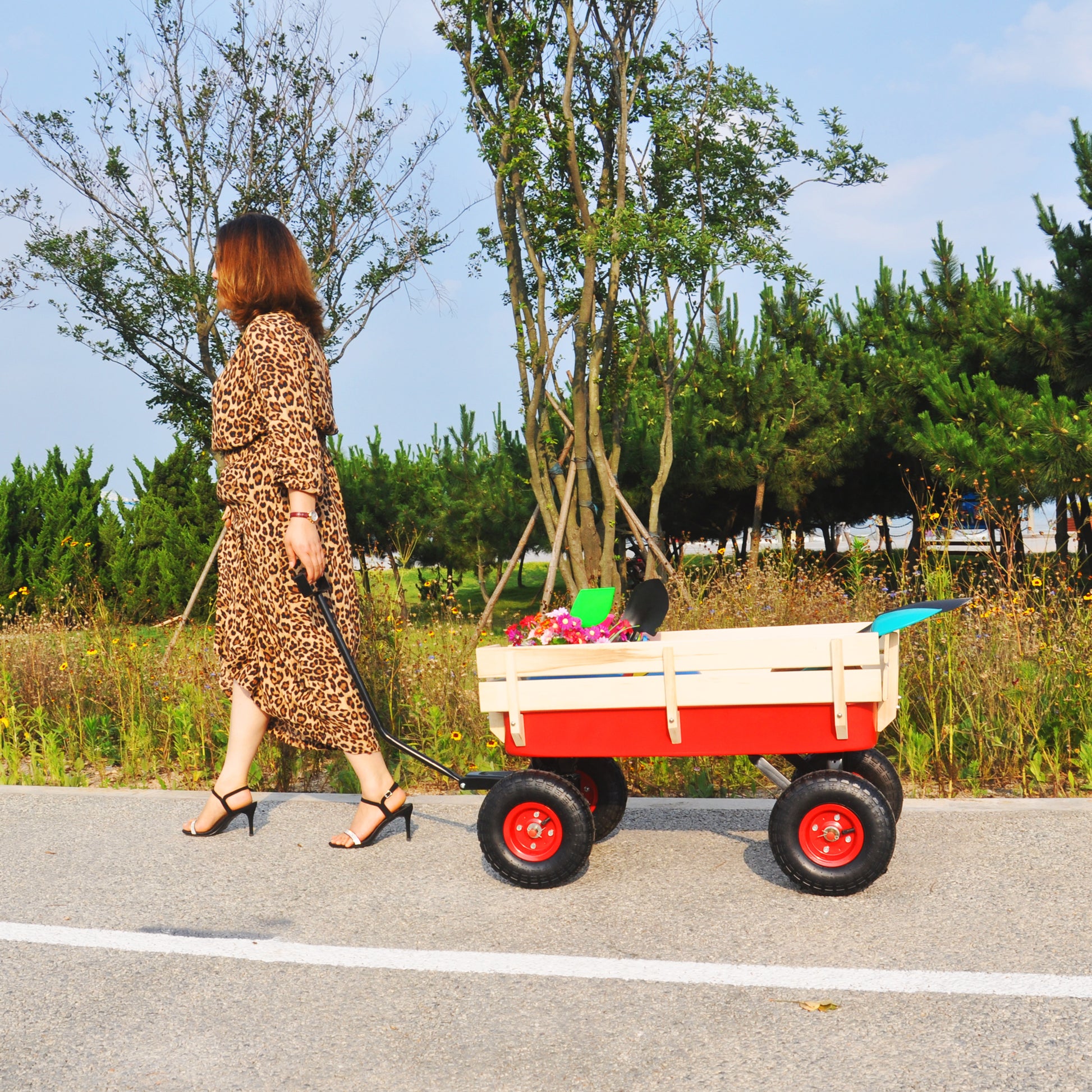 Outdoor Sport Wagon Tools Cart Wooden Side Panels Air Tires Wagon Red Red Garden & Outdoor Metal