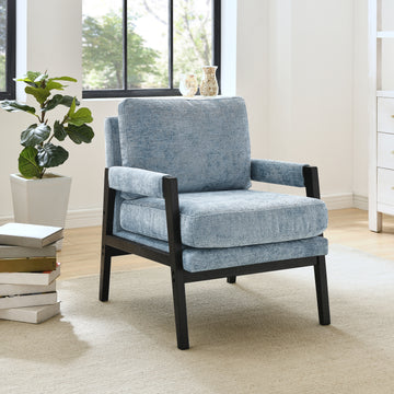 Kelly Mid Century Modern Chenille Upholstered Accent Armchair, Blue Blue Brown Primary Living Space Mid Century Modern Rubberwood Chenille Chenille,Rubber Wood