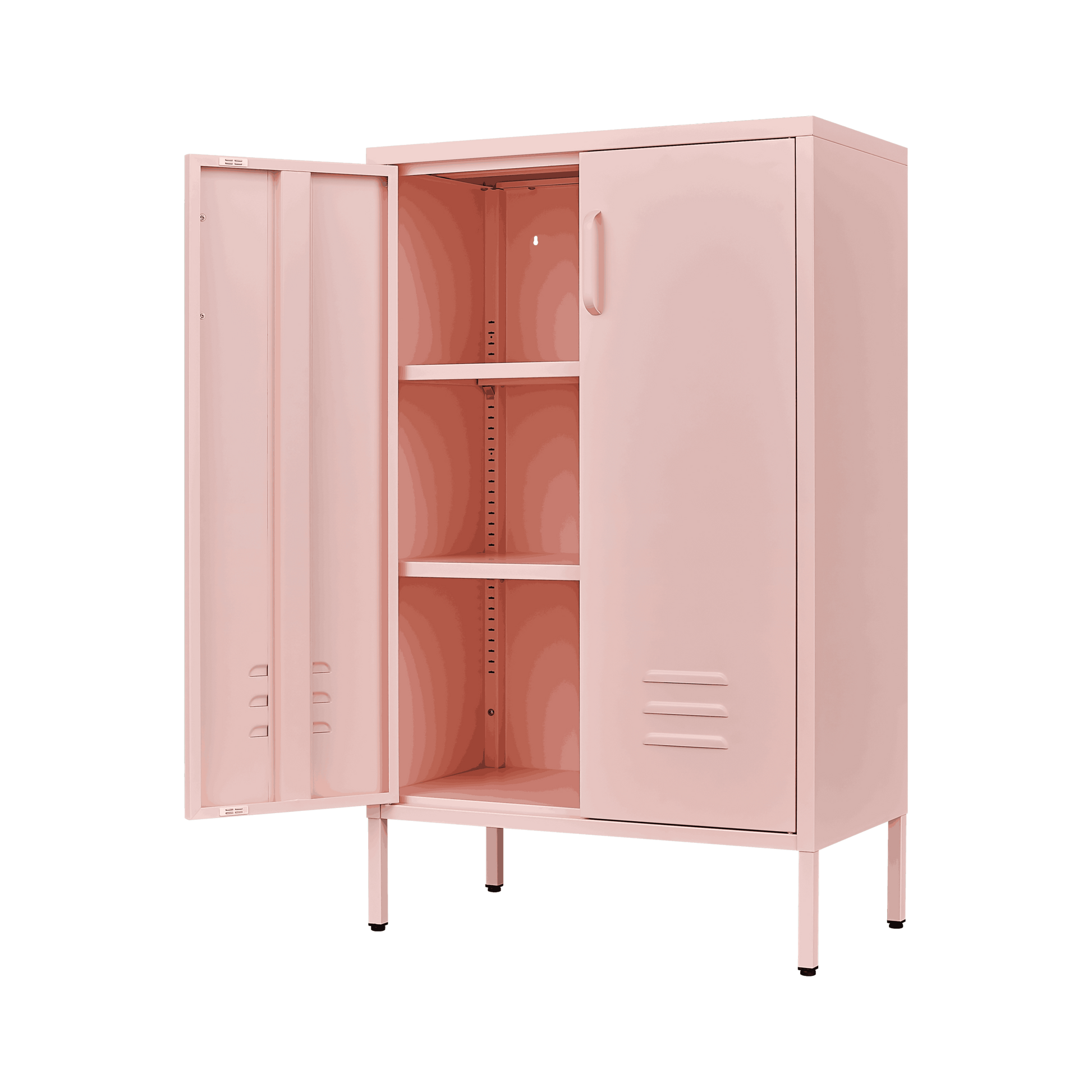 Pink Steel Double Door Cabinet With Handles, With Removable Dividers And Adjustable Height. Suitable For Living Room, Office, Bedroom, Study And Other Places. 3 4 Shelves Pink Metal